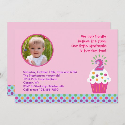 Cupcake Second Birthday Party Photo Invitation Kaart (Voorkant / Achterkant)