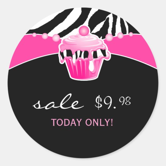 Cupcake Sticker Bakkerij Zebra Roze zwarte retro (Voorkant)