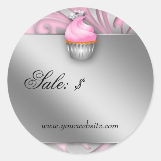 Cupcake Sticker Prijs Label Crown Classy Pink Silv (Voorkant)