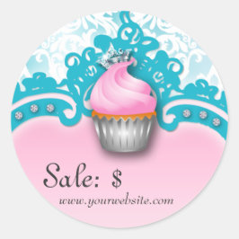 Cupcake Sticker Prijs Label Kroon Damast Blauw Roz