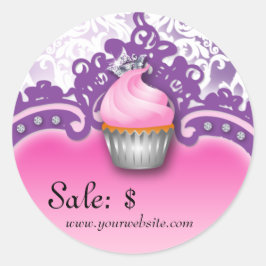 Cupcake Sticker Prijs Label Kroon Damast Roze Paar