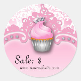 Cupcake Sticker Prijs Label Kroon Damast Roze Wit