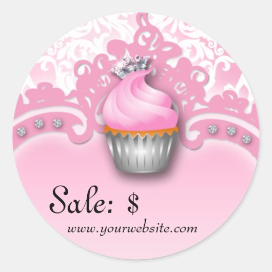 Cupcake Sticker Prijs Label Kroon Damast Roze Wit (Voorkant)