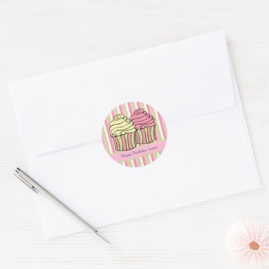 Cupcake Stripes Birthday Label Sticker (Envelop)