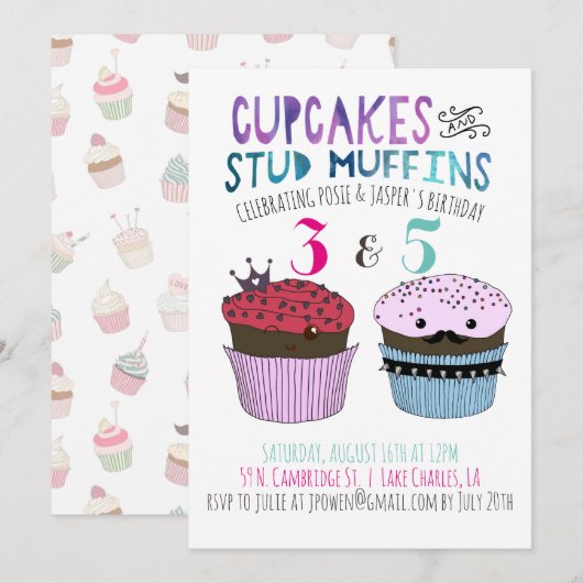 Cupcake & Stud Muffin gezamenlijke feestuitnodigin Kaart (Voorkant / Achterkant)