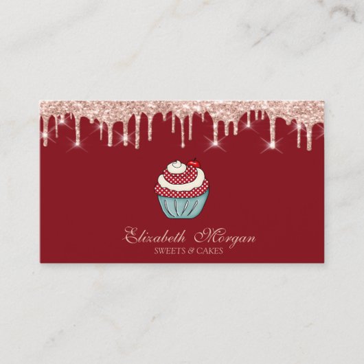 Cupcake Sweets Rose Gold Druppels Rood Visitekaartje (Voorkant)