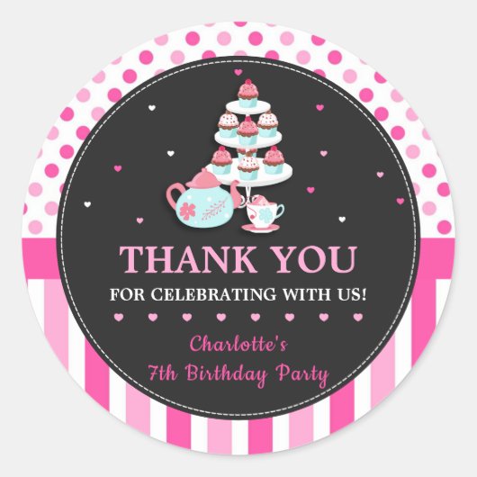 Cupcake Tea Party Verjaardag Roze Bedankt Favor Ronde Sticker (Voorkant)
