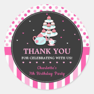 Cupcake Tea Party Verjaardag Roze Bedankt Favor Ronde Sticker