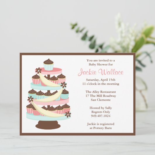 Cupcake Tower Baby shower Invitation Kaart (Staand voorkant)