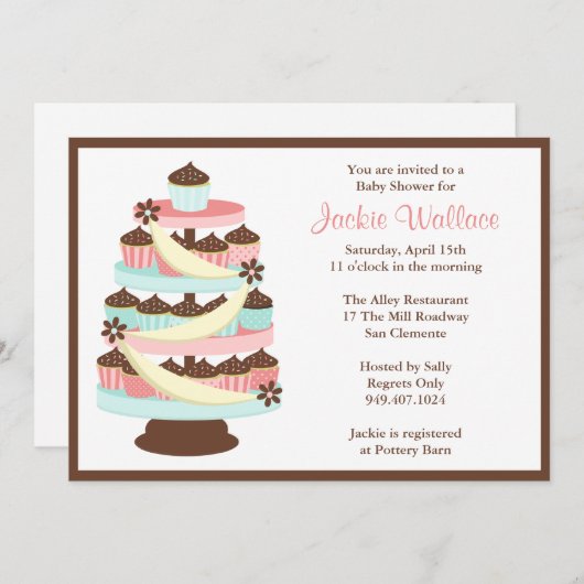 Cupcake Tower Baby shower Invitation Kaart (Voorkant / Achterkant)