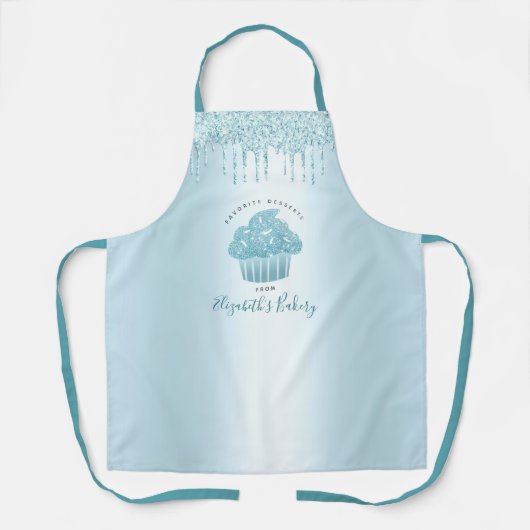 Cupcake Turquoise Glitter Drift Bakery Chef Script Schort (Voorkant)