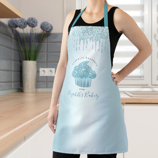 Cupcake Turquoise Glitter Drift Bakery Chef Script Schort