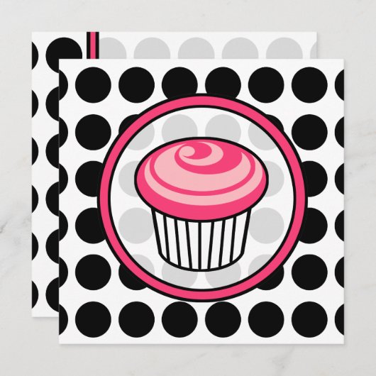 Cupcake Uitnodiging - Polka Dot / Roze & Zwart (Voorkant / Achterkant)