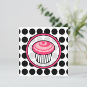 Cupcake Uitnodiging - Polka Dot / Roze & Zwart (Staand voorkant)