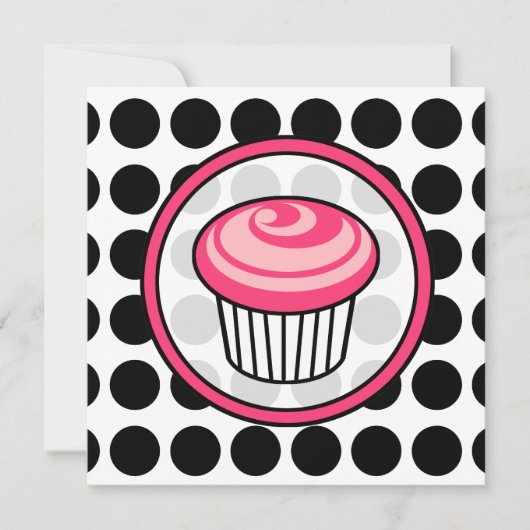 Cupcake Uitnodiging - Polka Dot / Roze & Zwart (Voorkant)
