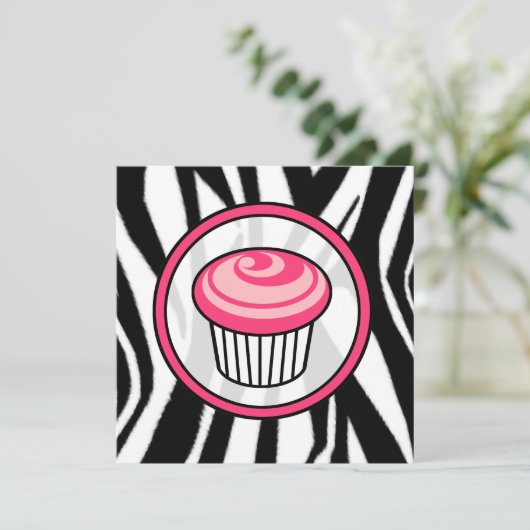 Cupcake-uitnodiging - Zebra Print / Roze & zwart Kaart (Staand voorkant)