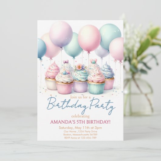 Cupcake verjaardagsfeestje uitnodiging (Staand voorkant)