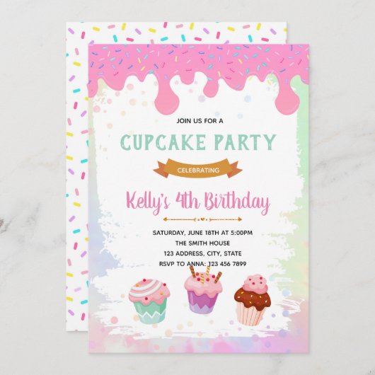 Cupcake verjaardagsuitnodiging kaart (Voorkant / Achterkant)