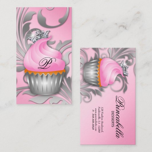 Cupcake Visitekaartje Crown Classy Silver Pink (Voorkant / Achterkant)