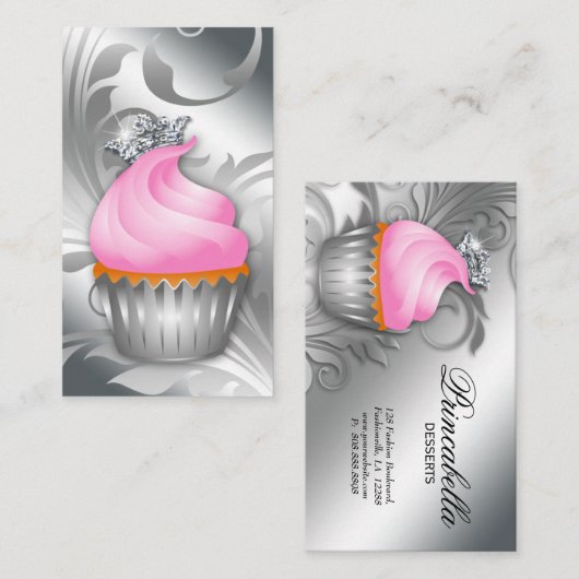 Cupcake Visitekaartje Crown Classy Silver Pink 2 (Voorkant / Achterkant)
