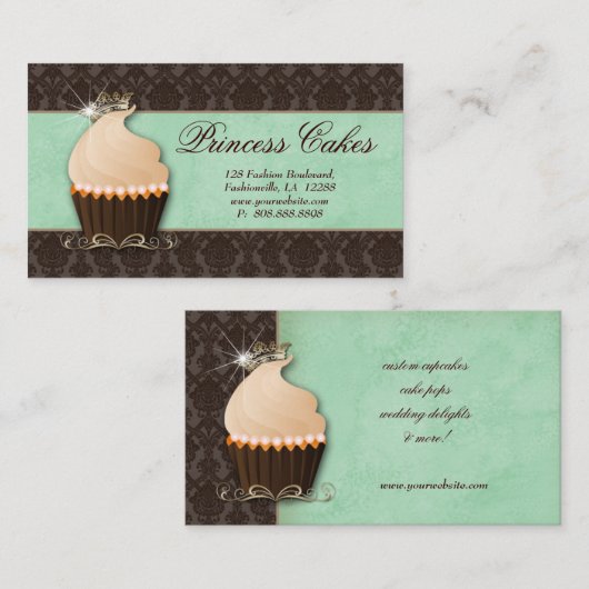 Cupcake Visitekaartje Crown Mint Brown Damask (Voorkant / Achterkant)