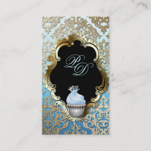 Cupcake Visitekaartje Elegant Damask Blue Gold