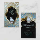 Cupcake Visitekaartje Elegant Damask Blue Gold (Voorkant / Achterkant)