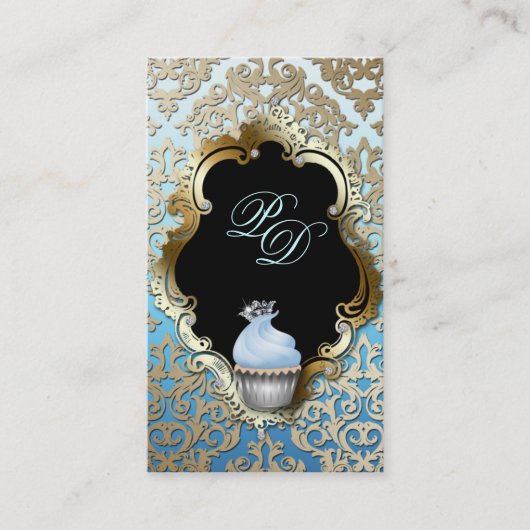 Cupcake Visitekaartje Elegant Damask Blue Gold (Voorkant)