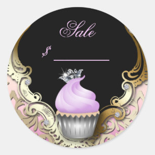 Cupcake Visitekaartje Elegant Damask Paars Black Ronde Sticker