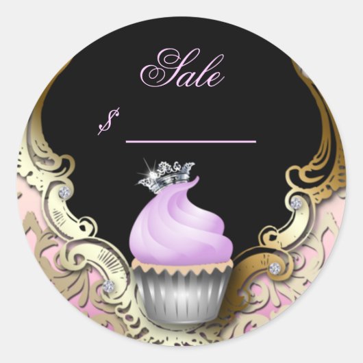 Cupcake Visitekaartje Elegant Damask Paarse Zwart Ronde Sticker (Voorkant)