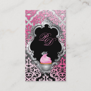 Cupcake Visitekaartje Elegant Damask Pink Black