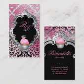 Cupcake Visitekaartje Elegant Damask Pink Black (Voorkant / Achterkant)