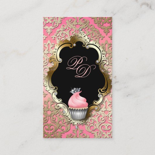 Cupcake Visitekaartje Elegant Damask Pink Gold (Voorkant)