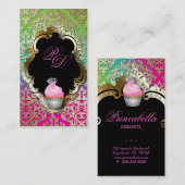 Cupcake Visitekaartje Elegant Damask Pink Green (Voorkant / Achterkant)