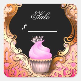 Cupcake Visitekaartje Elegant Damast Roze Zwart Vierkante Sticker