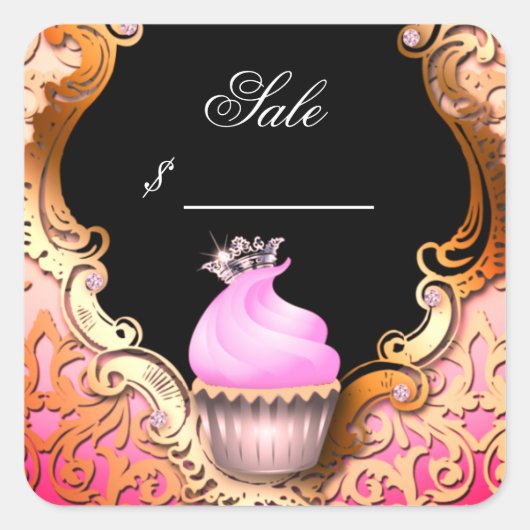 Cupcake Visitekaartje Elegant Damast Roze Zwart Vierkante Sticker (Voorkant)