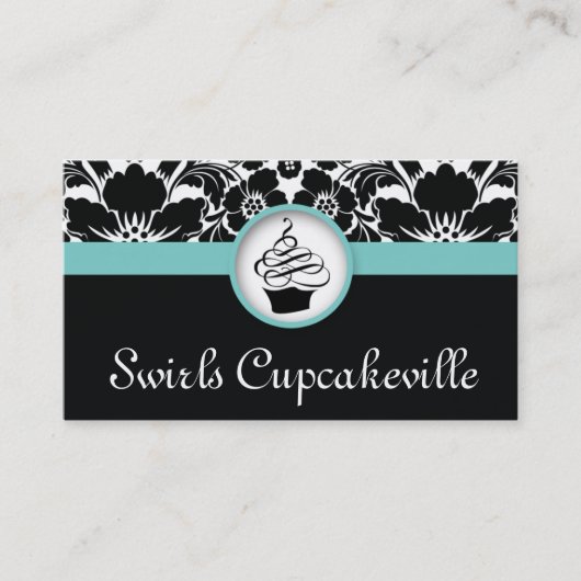 Cupcake Visitekaartje Floral Damask Baby Blue (Voorkant)