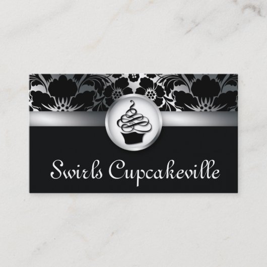 Cupcake Visitekaartje Floral Damask Silver (Voorkant)