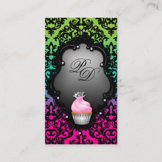 Cupcake Visitekaartje Retro Damask Pink Green (Voorkant)