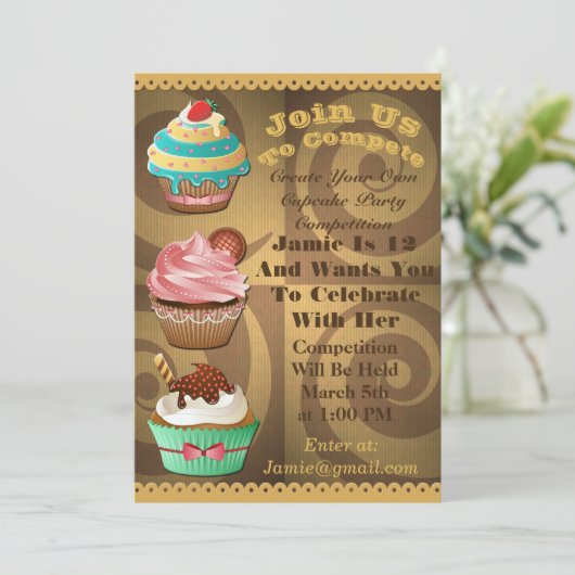 Cupcake Wars Bak Off Verjaardag Gold Swirl Uitnodi Kaart (Staand voorkant)