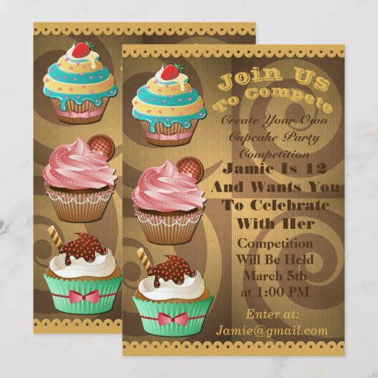 Cupcake Wars Bak Off Verjaardag Gold Swirl Uitnodi Kaart (Voorkant / Achterkant)