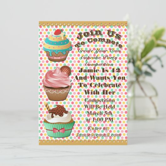Cupcake Wars Bak Off Verjaardag Polka Dot Uitnodig Kaart (Staand voorkant)