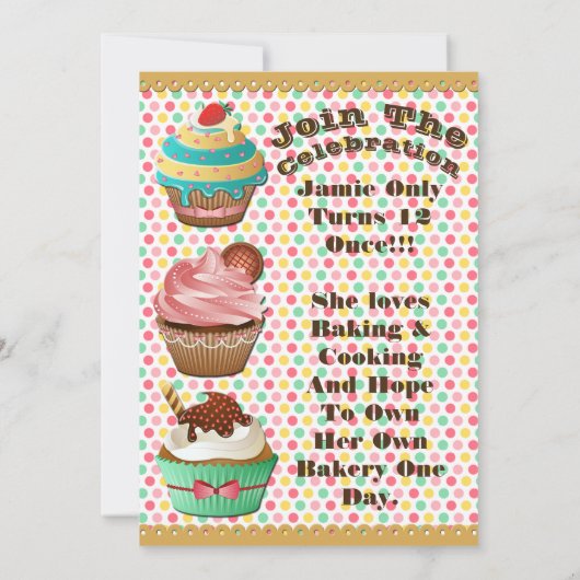 Cupcake Wars Bak Off Verjaardag Polka Dot Uitnodig Kaart (Achterkant)