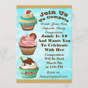 Cupcake Wars Bake of Birthday Blue Swirls Invite Kaart