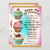 Cupcake Wars Bake of Birthday Pink Blue Invite Kaart (Voorkant / Achterkant)