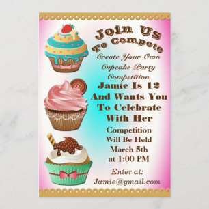 Cupcake Wars Bake of Birthday Pink Blue Invite Kaart