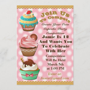 Cupcake Wars Bake of Birthday Pink Polka Invite Kaart