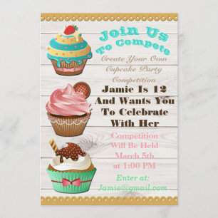 Cupcake Wars Bake of Birthday White Wooden Invite Kaart