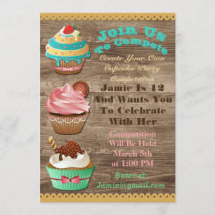 Cupcake Wars Bake off Birthday Brown Wooden Invite Kaart