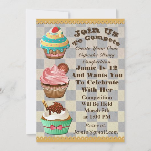 Cupcake Wars Bake off Birthday Checkered Invite Kaart (Voorkant)